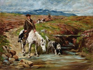 Cheval et épagneul buvant à un ruisseau - John Emms