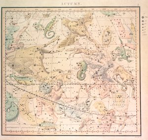Carte céleste : Automne, montrant les signes du zodiaque et les positions des étoiles (gravure)