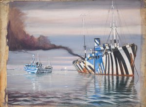 S.S. Lepanto et un autre navire à vapeur, tous deux peints en camouflage, ancrés dans des eaux calmes - John Everett