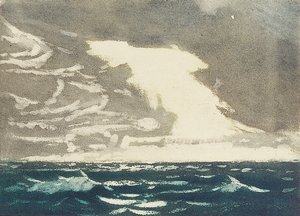 Paysage marin - mer verte et ciel bleu-gris orageux 2, XXe siècle (aquatinte en couleur) - John Everett
