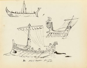 Croquis de premiers navires, y compris un navire à voile et à rames romain et le navire d
