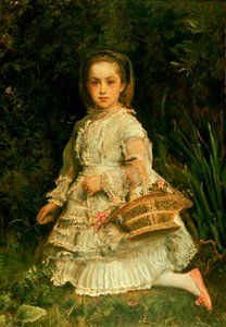 Portrait de Gracia, en pied, portant une robe blanche, cueillant des fleurs sauvages - John Everett Millais