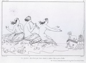Les sirènes cherchent par leur chant à attirer Ulysse. Dessin de John Flaxman (1755 - 1826). L