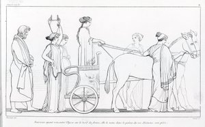 Nausicaa, qui vient de rencontrer Ulysse, le ramène au palais de son père, le roi Alkinoos. Dessin de John Flaxman (1755 - 1826). L