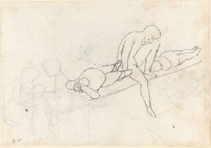 Homme assis flanqué de deux figures allongées ; Groupe de figures dans le coin inférieur gauche