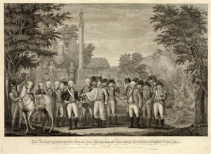 La reddition des armes britanniques au général Washington après leur défaite à Yorktown en Virginie, octobre 1781, pub. 1819 (gravure) - John Francis (after) Renault