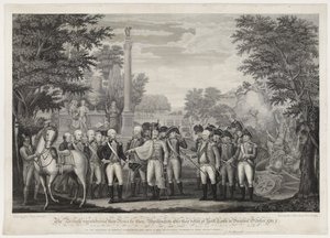 La reddition des armes britanniques au général Washington après leur défaite à York Town en Virginie, octobre 1781 - John Francis (after) Renault