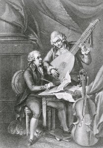 Portrait de Franz Joseph Haydn et Wolfgang Amadeus Mozart composant de la musique pour le luth, gravé par Michele Benedetti - John Francis Rigaud