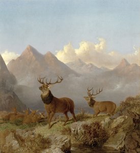 (détail) Cerfs et biches dans un paysage de montagne, 1864 - John Frederick Herring Junior