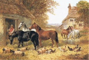 Chevaux dans une cour de ferme