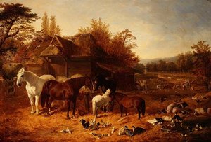 La cour de ferme avec chevaux, poneys, porcs Berkshire, bovins Alderney Shorthorn et volailles