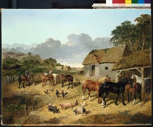 Chevaux buvant à une auge, avec des cochons et des poules dans une cour de ferme