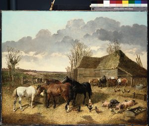Chevaux mangeant dans une mangeoire, avec des cochons et des poules dans une cour de ferme