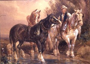 Garçon et chevaux de charrette