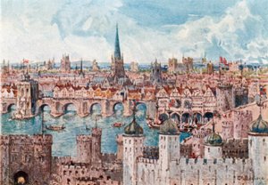Vieux pont de Londres en 1386 (lithographie couleur) - John Fulleylove