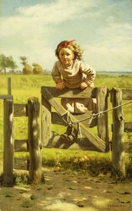 Jeune Fille se Balançant sur une Barrière - John George Brown