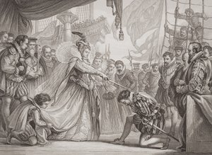 La reine Élisabeth I (1530-1603) adoubant Francis Drake (1540-96) de 