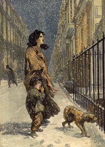 Les pauvres sans-abri, mère et enfant avec un chien dans la neige - John Gilbert