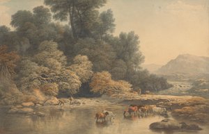 Paysage vallonné avec rivière et bétail - John Glover