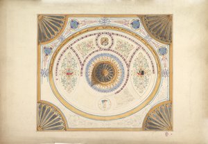 Conception pour un plafond avec deux portraits et des supports en éventail aux coins - John Gregory Crace