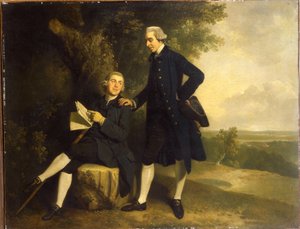 Double portrait de Thomas Somers Cocks et Richard Cocks de Castleditch, tous deux en pied, le premier en manteau et gilet bleu tenant un tricorne noir, le second assis en manteau et gilet bleu tenant un manuscrit, dans un paysage - John Hamilton Mortimer