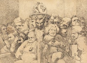 Personnages littéraires assemblés autour du médaillon de Shakespeare