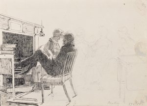 Homme lisant avec les pieds sur le foyer - John Harden
