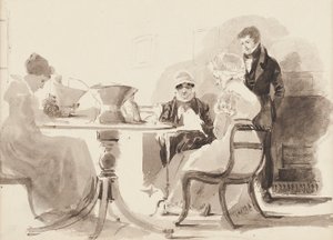 Homme debout à une table avec trois femmes assises