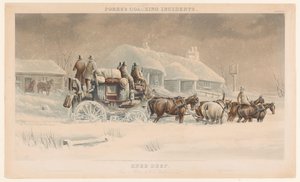 Caleche avec six chevaux dans la neige dans un paysage d