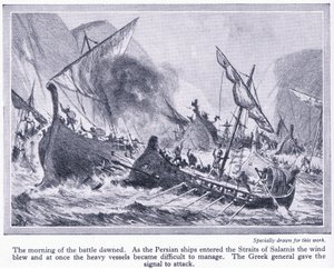 Bataille de Salamine : Lorsque les navires perses entrèrent dans les détroits de Salamine, le vent souffla et ils devinrent difficiles à manœuvrer, vers 1950