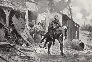 Le canonnier J Rafferty portant une femme blessée en sécurité depuis une ferme bombardée, Première Guerre mondiale - John Harris Valda