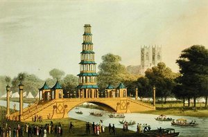 Le pont chinois et la pagode, érigés dans le parc en commémoration de la Glorieuse Paix de 1814, gravé par Matthew Dubourg - John Heaviside (after) Clark