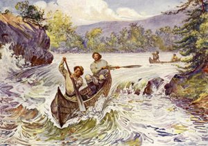 Canadiens descendant des rapides en canoës - John Henry Frederick (after) Bacon