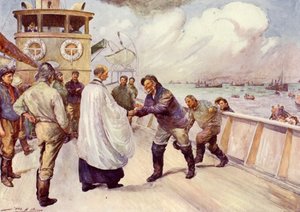 Pêcheurs de la flotte de pêche de la mer du Nord se rassemblant pour le culte (lithographie en couleur) - John Henry Frederick (after) Bacon