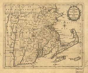 Une nouvelle carte précise de la colonie de Massachusetts (i.e. Massachusetts) Bay, en Amérique du Nord, provenant d