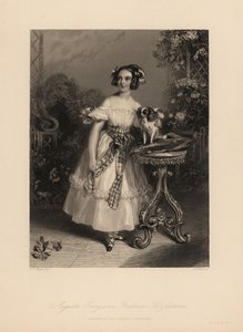 Augusta Georgina Frederica Fitzclarence, fille de Lord Frederic Fitzclarence, fils illégitime du roi Guillaume IV. Elle porte ses cheveux en boucles et rubans, et une robe décolletée nouée avec une ceinture, tenant un épagneul King Charles sur un coussin - John James (after) Chalon