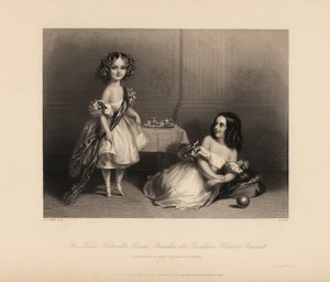 Henrietta Louisa Priscilla et Geraldine Harriet Somerset, filles de Henry Somerset, 7e Duc de Beaufort. Deux filles en robes décolletées avec des rubans, cheveux en boucles, jouant avec un service à thé et une balle. Gravure sur acier par H. Cook d