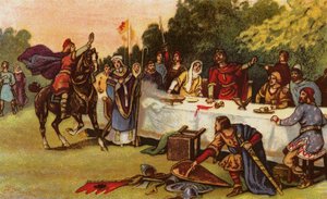 Harold apprenant le débarquement de Guillaume le Conquérant à Hastings en célébrant la victoire de Stamford Bridge - John Jellicoe