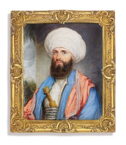James Silk Buckingham (1786-1855), en chemise blanche avec un manteau bleu clair, châle brodé rose autour des épaules et turban blanc avec un poignard fixé dans son ceinturon, fond de paysage avec une mosquée - John Jukes