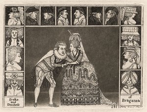 Mary Ann Yates et Laurence Clinch jouant le duc et la duchesse de Bragance dans Braganza entourés par des membres du public, 1785 - John Kay