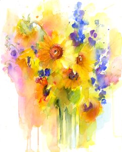 Tournesols et delphinium