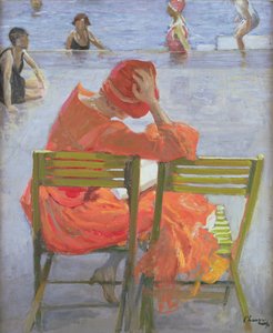 Fille en robe rouge lisant près d