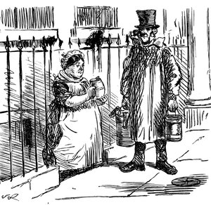 Un dessin commentant la dilution du lait atteignant de telles proportions que des lois ont dû être adoptées pour la contrôler. Illustré par John Leech (1817-1864), caricaturiste et illustrateur anglais