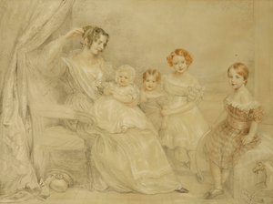Portrait de Mme W.S. Fry et de ses quatre enfants : Emma, Willy, Julie et Georgina, assis dans un intérieur, 1840 - John Linnell