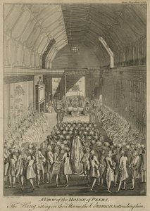Vue de la Chambre des Lords avec le Roi sur le trône, les Communes l