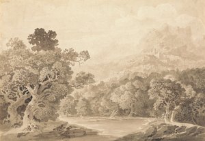 Rive boisée, ville sur colline et sommets de montagnes au loin