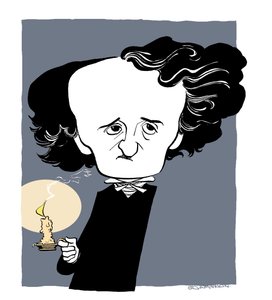 Edgar Allan Poe - caricature, tenant un bâton de bougie - John Minnion