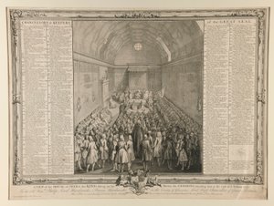 Vue de la Chambre des Lords, le roi assis sur son trône, les Communes l