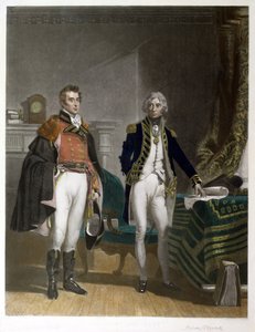 Rencontre entre le major-général Sir Arthur Wellesley et le vice-amiral Horatio Nelson, septembre 1805, gravé par Samuel William Reynolds, publié par A.J. Isaacs - John Prescott (after) Knight