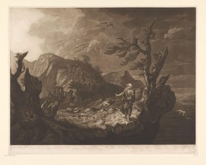 Paysage orageux avec barde au bord d